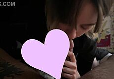 Sweet glasses goth girl deepthroats huge black cock while caressed