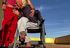 Sucking neighbor's cock on terrace then swallow cum 😋💦 homemade wife