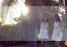 Naughty skinny tattooed brunettes kiss and munch shaved pussies outdoors teasingly?