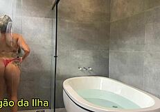 Wife sucks friend in shower then creampied tight by hubby