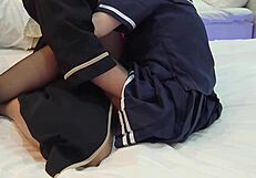 Cute uniformed schoolgirl blindfolded for pantyhose sex and deep creampie