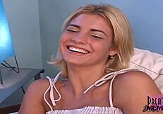 meeting hot blonde smokeshow marcelis teasing shaved pussy on sofa