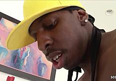 Curvy black ebony with big ass and saggy natural tits slurps monster cock deepthroat then takes hard pounding