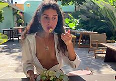 Friend cums on my face at cafe so I eat sperm-covered food