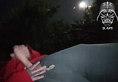 brazilian brunette with small waist strokes huge cock in public garden then gulps hot cum