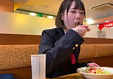 innocent-faced big tits schoolgirl in uniform fucked by old man after cat cafe date. his huge cock stretches her tight pussy to climax in love hotel.