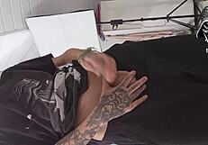 brazilian brunette with small waist strokes huge cock in public garden then gulps hot cum