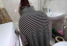 stepson bends stepmom over bathroom sink for anal pounding then mouth fuck