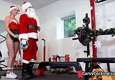 Busty Blonde Kay Gives Oral Blowjob Workout in Gym Costumes During Christmas Holiday Hardcore Session!