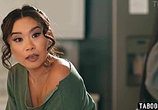 stepuncle dives into asian teen's wet pussy right after she steps in for taboo lick and fuck