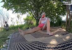 Black stud bends brunette milf over in forest for deep outdoor pussy pounding!