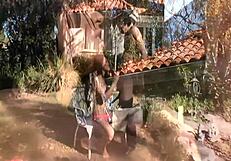 black haired babe spreads shaved pussy wide for outdoor pounding and cumshot finish