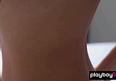 Li Moon strips lingerie showing cute shaved pussy and natural tits!