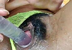 Hairy babe rides dildo hard and squirts everywhere