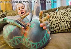 petite tattoo slut gaps asshole with xl dildo in fishnets heels stockings solo anal play