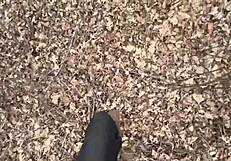 blonde strips naked flashes big tits then fucks outdoors in forest