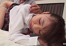 innocent petite teen in uniform tempts for uncensored double creampie ride