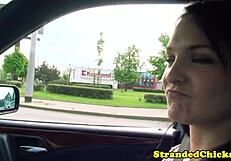 innocent hitchhiking brunette teen flashes her big tits to stranger in public pov pickup voyeur thrill