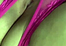 wet fuchsia thong pulled aside as curvy latina fingers big pussy lips moaning to orgasm pov