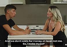 Tanned Blonde Busty MILF Tatiana Alvarez Teases Kitchen Cock Before Deepthroat Cum Swallow and Facial