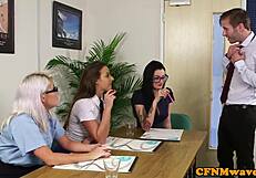 Office Femdoms Force Cocksucking Sub to Suck on Desk in Heels