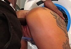 curvy big ass roommate stephanie love stuck bent over in dryer gets big black cock bareback doggystyle california dorm