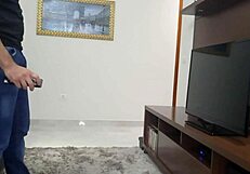 that hot housewife in tiny shorts teases the tv tech till she can't resist showing her shaved pussy and tan lines