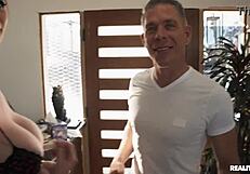 On set ffm sneaky link with athletic brunette redhead cum on tits