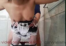 boss unloads cum all over my asian maid tits