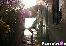 small tits cougar darah kay strips lingerie outdoors exposing petite milf body for sexy playboy poses