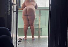 bbw woman flashes her huge tits and fat ass outdoors in public view