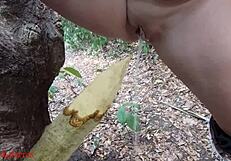perverted bbw milf slut impales pussy on wooden stake squirting piss in forest