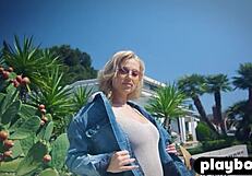 blake blossom big natural tits blonde babe poses strips outdoors sexy playboy style