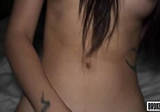 Tiny asian teen bent over bed takes rough doggystyle creampie in petite pussy from monster cock