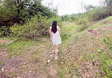thai babe hikes skirt in forest, fingers her tight pussy publicly while moaning your name