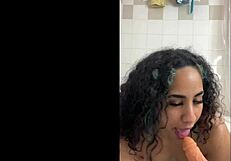 my client begs me to ride this dildo in shower squirting my shaved pussy wet