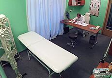 Tanned brunette sneaks blowjob and fuck with doctor in hospital room