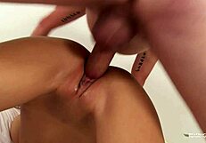 a tattooed dude bends over skinny asian teen 18+ after her big cock suck then fucks her tight