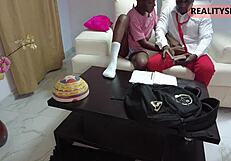 hey, check out this schoolgirl riding her classmate's cock alone on the couch