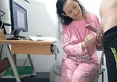 Padrastro cums on teen stepdaughter's pink pajamas homemade sex