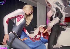 spiderman girls strap on anal 3some with big tits and asses