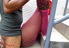 Black couple licks big asses outdoors leading to intense pussy riding on stairs