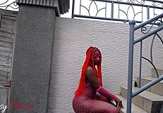 Black couple licks big asses outdoors leading to intense pussy riding on stairs