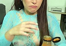 mmm my big ass brunette plays with junk food spitting on pigtails 😜🍔