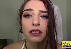 that bound submissive slut gags hard on sloppy deepthroat cock while choked in bdsm bondage toys