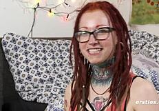 damn this hot redhead with glasses fingers her pierced clit till she cums hard 😍🔥💦