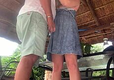 Blonde neighbor's upskirt pussy fucked to creampie