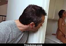 Asian teen caught with dildo punished hard by monster cock in garage