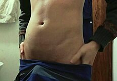 Skinny babe strips half-naked in work bathroom to stroke monster cock cumshot