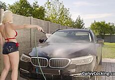 Busty bikini girlfriend craves hard dick after soapy car wash
